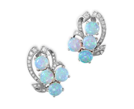 NO RESERVE - A PAIR OF OPAL AND DIAMOND CLIP EARRINGS Clip on fittings Round cabochon opals Round brilliant cut diamonds No a