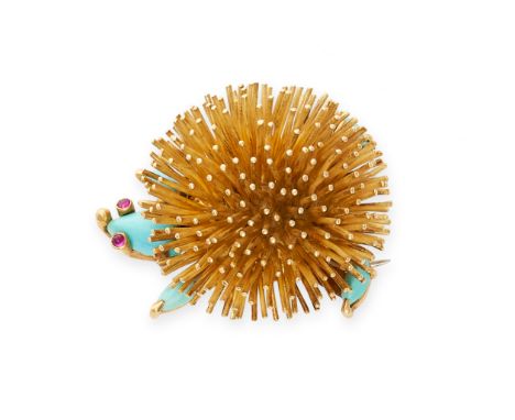 NO RESERVE - VAN CLEEF & ARPELS, A VINTAGE TURQUOISE AND RUBY HEDGEHOG BROOCH, CIRCA 1960 Made in 18 carat yellow gold, desig
