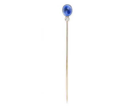 NO RESERVE - A SAPPHIRE AND DIAMOND STICK / TIE PIN BROOCH, EARLY 20TH CENTURY Oval cabochon blue sapphire, weighing approxim