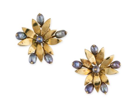 NO RESERVE - JULES HUGLER, A PAIR OF VINTAGE PEARL FLOWER CLIP EARRINGS Made in 18 carat yellow gold, designed as flowers Gre