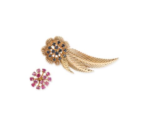 NO RESERVE - A VINTAGE INTERCHANGEABLE RUBY AND SAPPHIRE BROOCH, CIRCA 1960Made in yellow gold, foliate design with interchan
