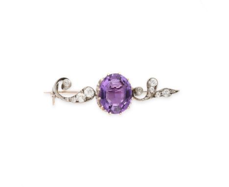 NO RESERVE - AN AMETHYST AND DIAMOND BROOCH Oval cut amethyst, weighing approximately 3.96 carats Old European brilliant cut 