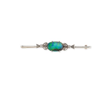 NO RESERVE - AN ANTIQUE BLACK OPAL AND DIAMOND BAR BROOCH, CIRCA 1910 Made in yellow gold and platinum Oval cabochon black op