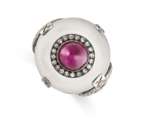 NO RESERVE - A RUBY, ROCK CRYSTAL AND DIAMOND RING, CIRCA 1945 Frosted circular disc of rock crystal, approximate diameter 18