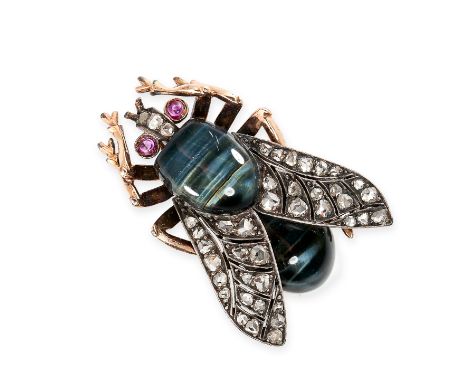 NO RESERVE - AN ANTIQUE BLUE TIGER'S EYE, RUBY AND DIAMOND BEE BROOCH / PENDANT Made in yellow gold and silver, designed as b