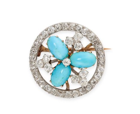 NO RESERVE - AN ANTIQUE FRENCH TURQUOISE AND DIAMOND BROOCH Made in 18 carat yellow gold and silver Oval cabochon turquoise O