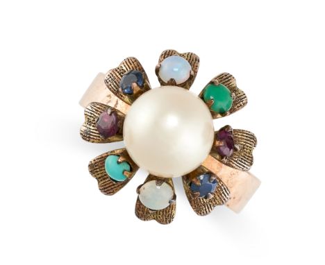 NO RESERVE - A VINTAGE PEARL AND GEMSET DRESS RING Made in 14ct yellow gold Pearl, approximate diameter 8.3mm Circular cut ru