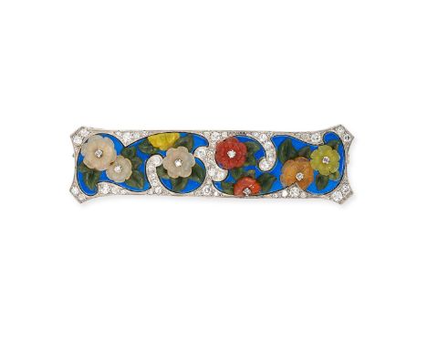 NO RESERVE -&nbsp;AN EXQUISITE ART NOUVEAU HARDSTONE, DIAMOND AND ENAMEL BROOCH&nbsp;

Made in 18 carat gold, stylised rectan