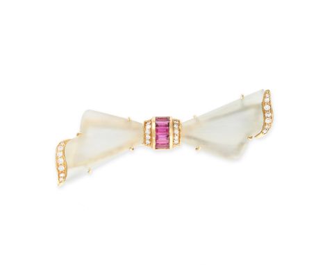 NO RESERVE - ASPREY, A VINTAGE ROCK CRYSTAL, RUBY AND DIAMOND BROOCH, 1989 Made in 18 carat yellow gold, designed as a bow Fr