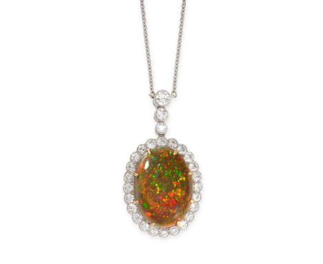 NO RESERVE - A BLACK OPAL AND DIAMOND PENDANT NECKLACE Made in platinum Oval cabochon black opal of medium dark body colour, 