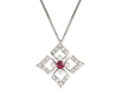 NO RESERVE - A VINTAGE RUBY AND DIAMOND PENDANT AND CHAIN Made in 18 carat white gold Circular cut ruby Round brilliant cut d