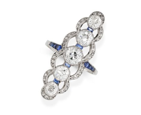 NO RESERVE - A FINE ART DECO DIAMOND AND SAPPHIRE RING Made in platinum Principal old European brilliant cut diamonds, each w
