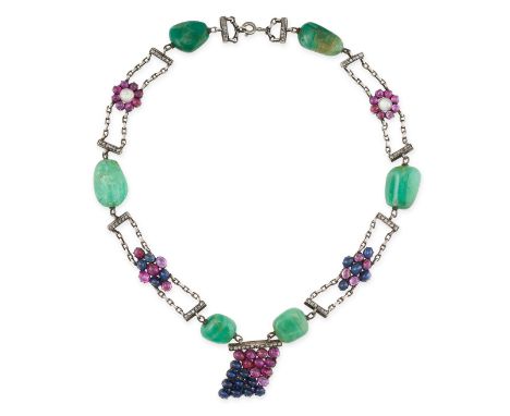 NO RESERVE - AN EMERALD, SAPPHIRE, RUBY, DIAMOND AND PEARL NECKLACE Made in silver Six tumbled emerald beads, ranging approxi