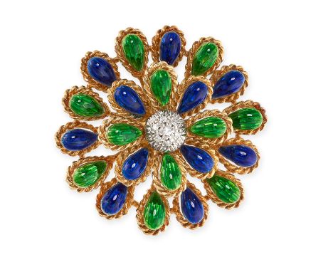 NO RESERVE - A DIAMOND AND ENAMEL BROOCH Made in 18 carat yellow gold, designed as a flower, the petals with translucent gree