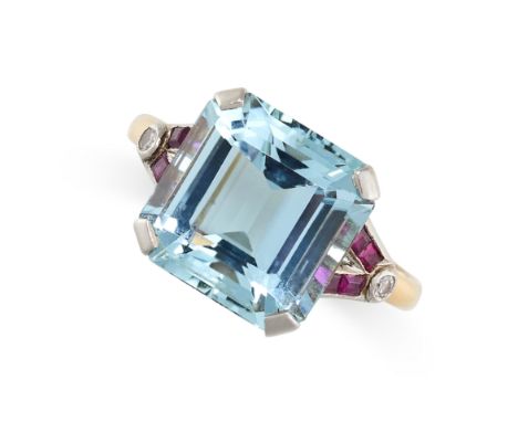 NO RESERVE - AN AQUAMARINE, RUBY AND DIAMOND RING Made in 18 carat yellow gold and platinum Octagonal step cut aquamarine, we