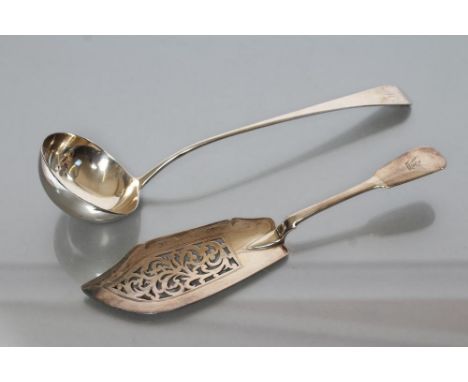 AN EARLY VICTORIAN SILVER FIDDLE PATTERN FISH SLICE, maker George Adams, London 1842, with scroll pierced blade and armorial 