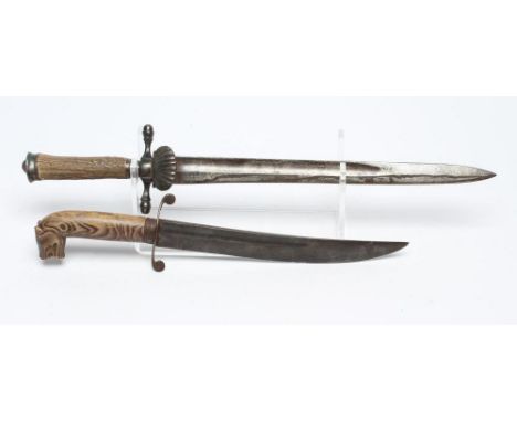 A GERMAN HUNTING HANGER, possibly 18th century, with 13 1/2" spear point fullered blade, shell guard, cross guard with acorn 
