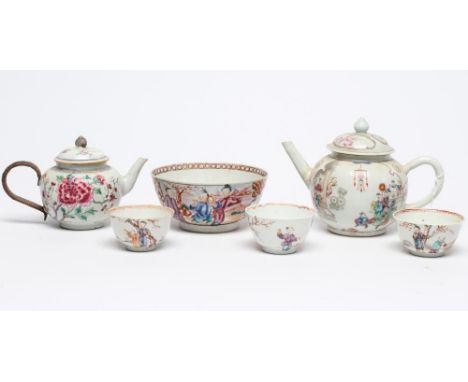 A COLLECTION OF CHINESE POLYCHROME PORCELAIN comprising a teapot and cover painted with figures on a verandah in quatrefoil p