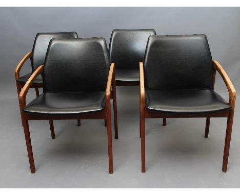 KAI KRISTIANSEN FOR KORUP STOLEFABRIK, a set of four teak framed Model 121 "Paper Knife" armchairs, 1950's/60's, upholstered 