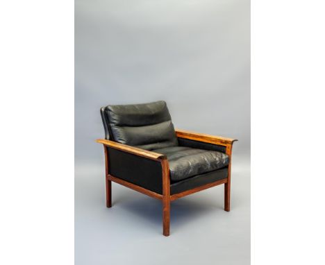 A HANS OLSEN FOR VATNE MOBLER ROSEWOOD ARMCHAIR, model 500, 1950's, upholstered in black leather with loose cushions, 30" x 2