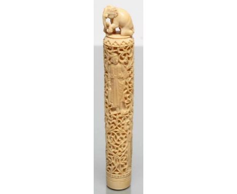 AN INDIAN IVORY STAFF HANDLE, 19th century, of cylindrical section, incise carved with four figures in long robes on an intri