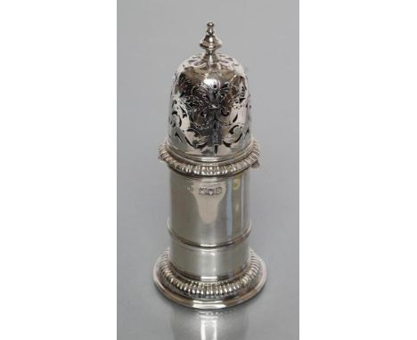 A LATE VICTORIAN SILVER "LIGHTHOUSE" SUGAR CASTOR, maker's mark possibly ED, London 1896, of typical single girdled cylindric