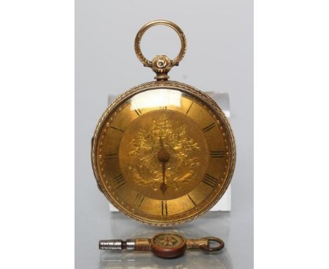 A VICTORIAN 18CT GOLD KEY WIND POCKET WATCH, the engine turned chapter ring with black Roman numerals enclosing foliate engra