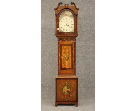 A MAHOGANY LONGCASE CLOCK, early 19th century, the eight day movement with anchor escapement striking on a bell, arched dial 