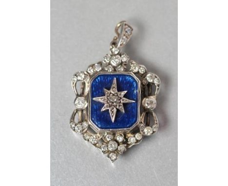 A VICTORIAN DIAMOND PENDANT, the canted blue guilloche enamel centre panel with inset star and diamond within an open diamond