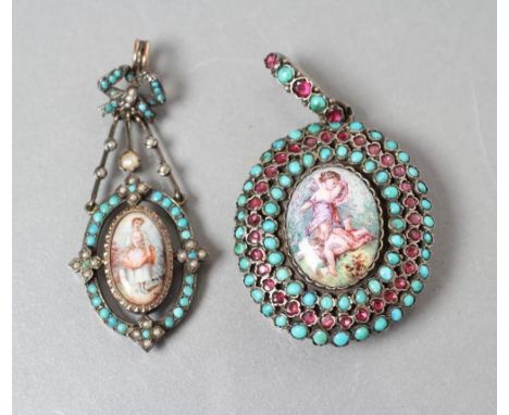 A VICTORIAN PENDANT LOCKET centrally set with an oval enamel plaque painted with two cupids fighting within a turquoise bead 