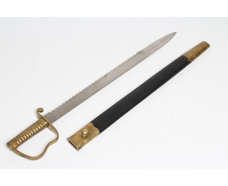 AN 1856 PATTERN PIONEER SWORD by Mole, the 22 1/2" spear point saw back blade stamped with maker's name, brass hilt and leath