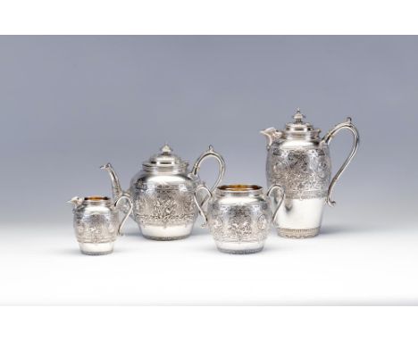 A VICTORIAN SCOTTISH SILVER FOUR PIECE TEA AND COFFEE SERVICE, maker James Reid, Glasgow 1881 and 1883 (coffee), of rounded c