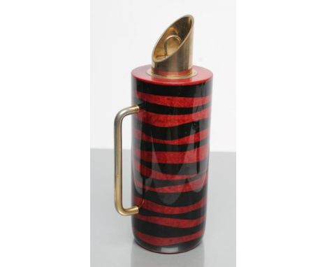 AN ITALIAN TURA COCKTAIL FLASK of plain cylindrical form with dark red and black lacquered stripes, and silver plated lip, ha