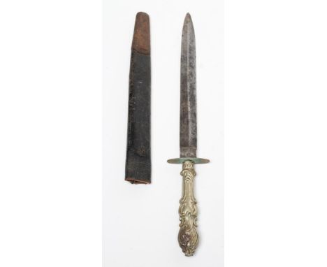 A BOWIE KNIFE, early 20th century, with 9 1/4" double edged blade, steel cross guard and "German silver" scroll hilt, 14 1/4"