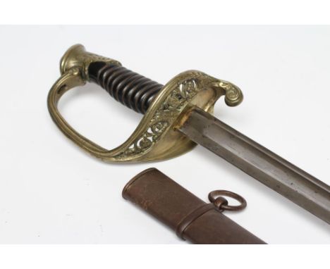 A MODEL 1845 FRENCH INFANTRY OFFICER'S SWORD, with 29 1/2" double fullered blade, brass hilt with pierced floral design, wire