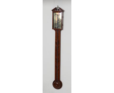 A MAHOGANY STICK BAROMETER by J. Valanterio &amp; Co., Richmond, with thermometer, the brass dial with signature, exposed mer