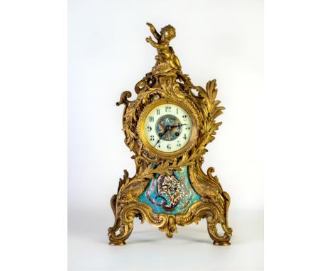 A FRENCH LOUIS XV STYLE ORMOLU AND CHAMPLEVE ENAMEL MANTEL CLOCK, late 19th century, the twin barrel movement with bell strik