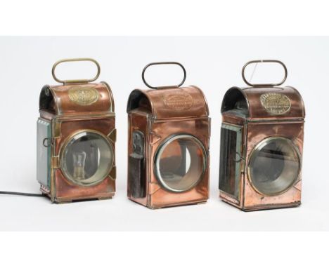 A PAIR OF SHAND MASON &amp; CO., LONDON FIRE ENGINE LANTERNS, c.1900, in copper and brass, of glazed oblong form with domed l