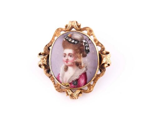 A porcelain broochThe oval plaque depicting the portrait of a lady highlighted with rose-cut diamond accents, within a scroll