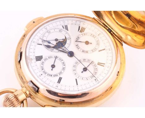 An 18ct gold cased minute repeater chronograph pocket watch, the white enamel dial with Roman numerals, outer 0-60 chronograp