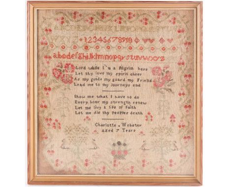 A 19th-century child's needlework sampler, by 'Charlotte Webster, Aged 7 Years, 1845', 40 cm x 38 cm framed and glazed.Condit