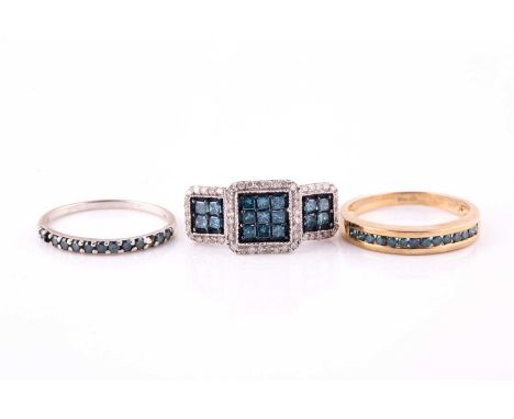 Three blue diamond-set ringsEach set with princess or brilliant-cut diamonds of blue tint and white brilliant-cut diamonds, a