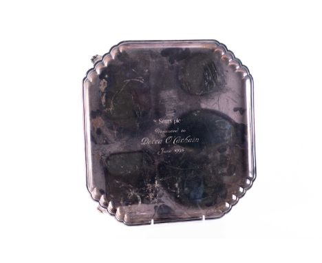 A late 20th-century large silver salver, Sheffield 1992 by Garrard &amp; Co, of square form with engraved presentation inscri