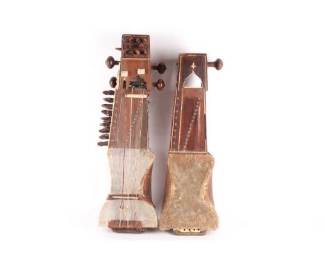 A North Indian Sarangi, 20th century, with animal skin resonator, carved bone zoomorphic bridge, with bone nut and stringing,