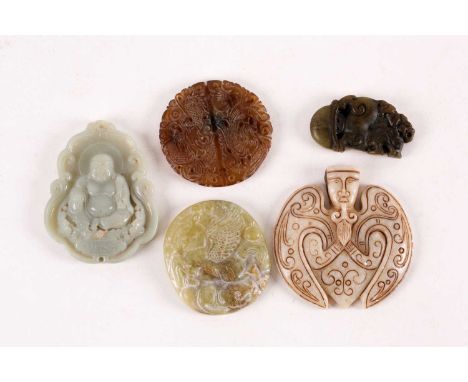 A Chinese celadon green jade plaque carved with a corpulent Buddha, and other small jade plaques carved with a winged horse, 