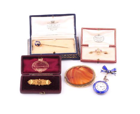 A collection Victorian jewellery and pocket watchComprising of a diamond-set and blue enamel stick pin, approximately 0.10ct 