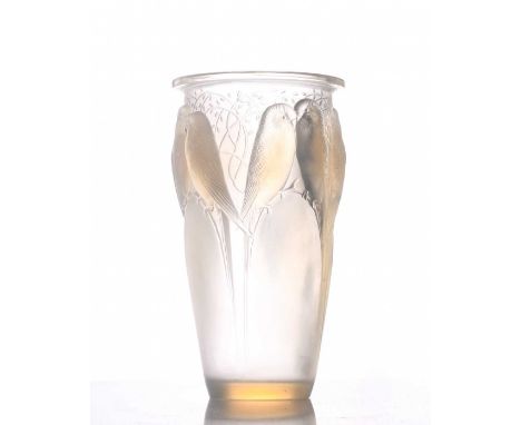 A Rene Lalique 'Ceylan' opalescent glass vase, moulded with parakeets on branches, engraved mark 'R. LALIQUE FRANCE', 24 cm h