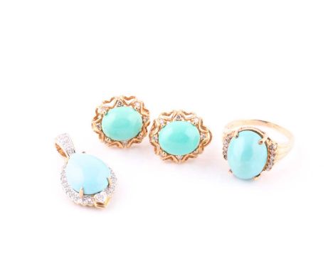 A pair of turquoise cabochon earrings, with diamond set surround, to yellow precious metal mount, stamped '14k Levian', 7.8 g