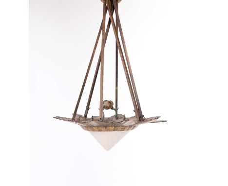 An Art Deco style gilt brass hanging electrolier. The geometric star-shaped frame with conical acid-etched diffuser with squa