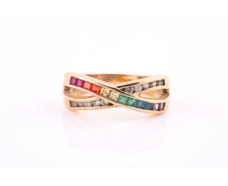 A rainbow ringOf crossover design, set with circular colourless gems and square-cut vari-coloured stones such as purple, gree